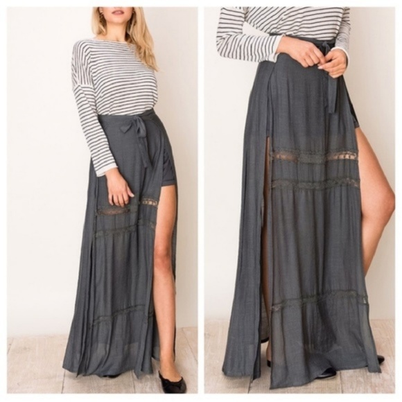 Boho Charcoal High-Waist Duel Side Slit Maxi Skirt - Picture 2 of 3